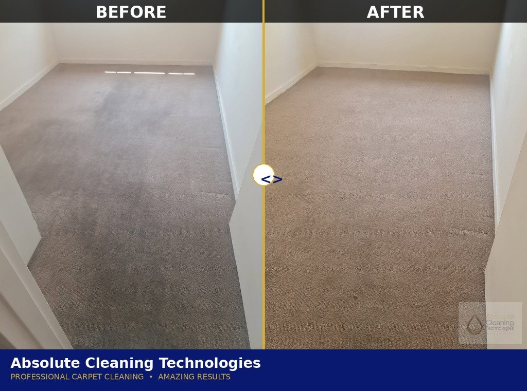 Before and after carpet cleaning in a Pretoria bedroom — traffic stains removed by Absolute Cleaning Technologies