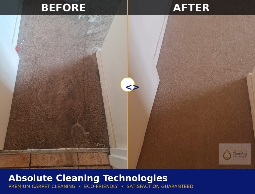Before and after deep cleaning of a heavily soiled entrance carpet in Pretoria